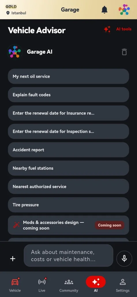 SuperGarage screenshot: Garage AI assistant with suggested prompts; keys stay in the BYOK credential vault.