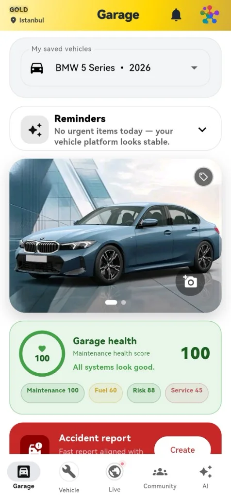SuperGarage screenshot: Vehicle health score and reminders on the garage dashboard.